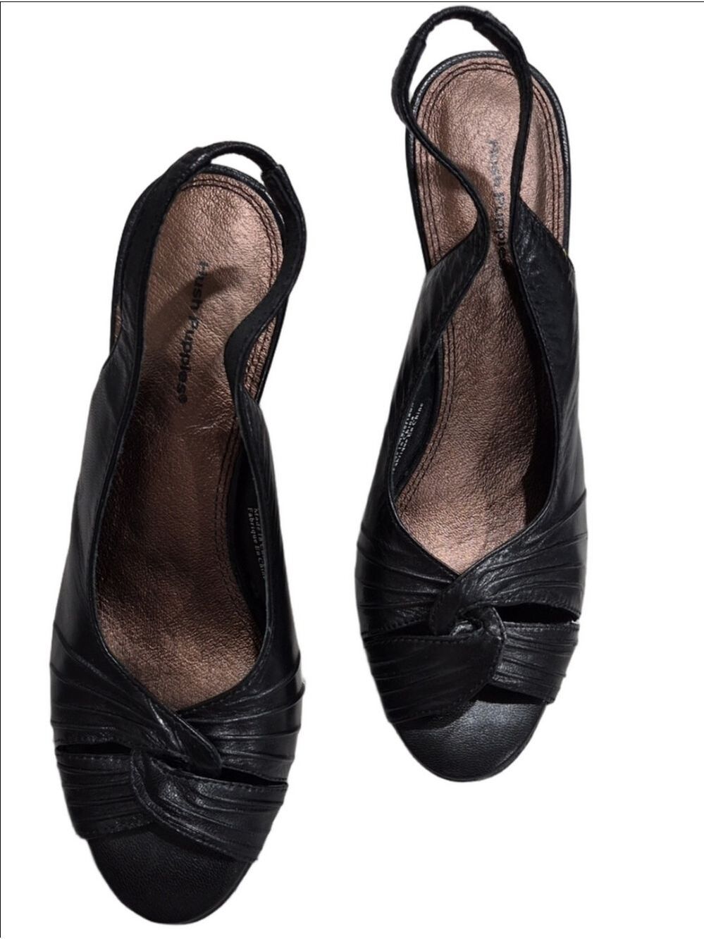 Hush Puppies Black Genuine Leather Pleated Peep Toe Slingback Heels Size 6